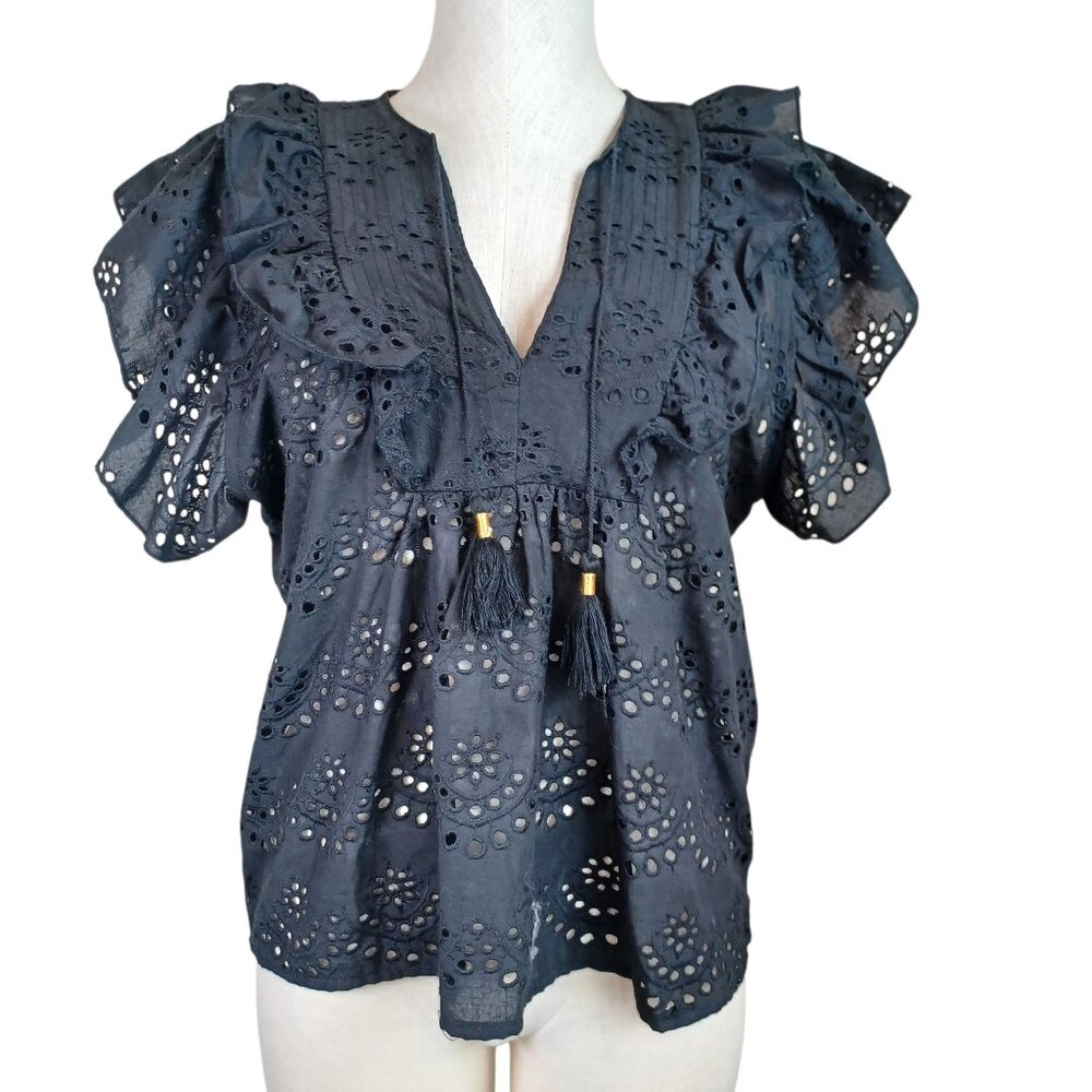 Artelier Nicole Miller Top‎ Black Broderie Anglais Peasant Top Womens Medium